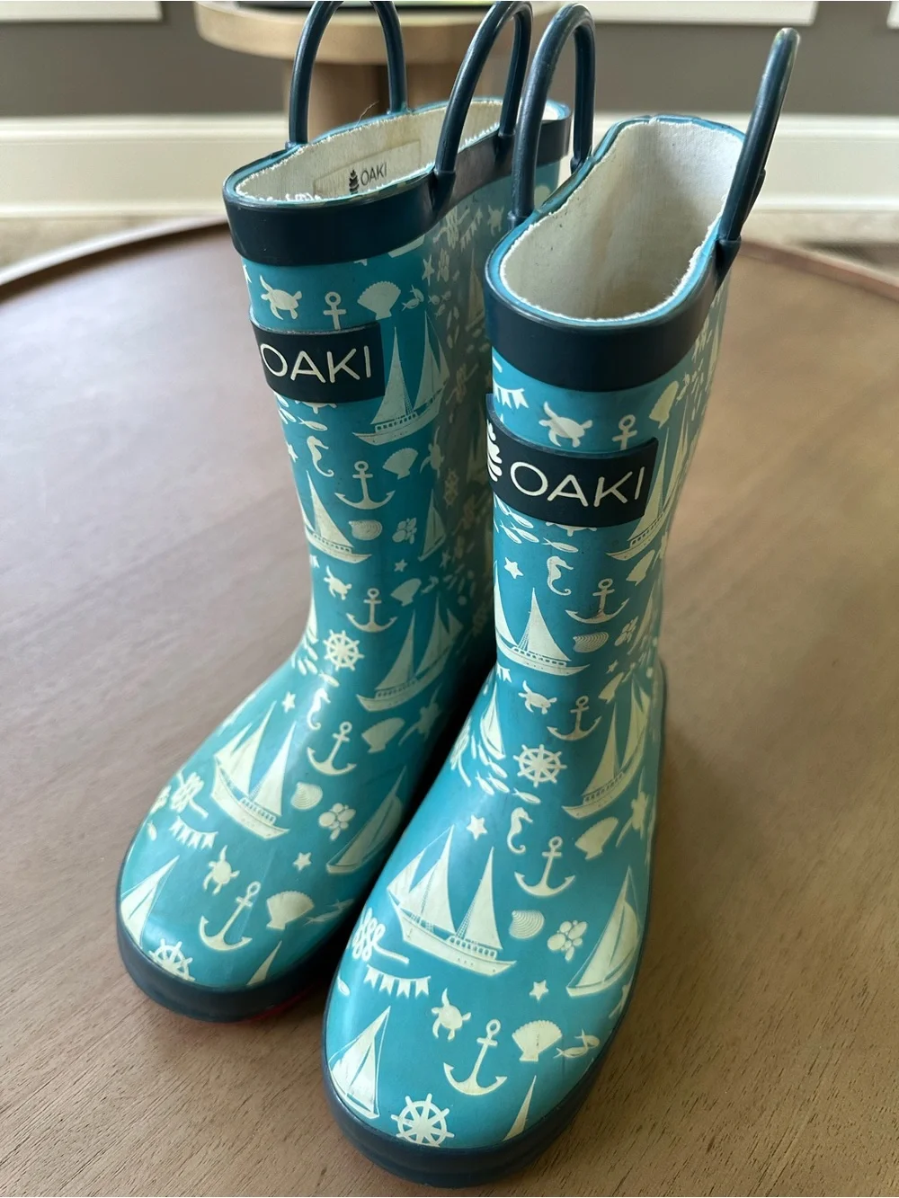 OAKI Nautical Print Rain Boots, Size 2 Big Kid
